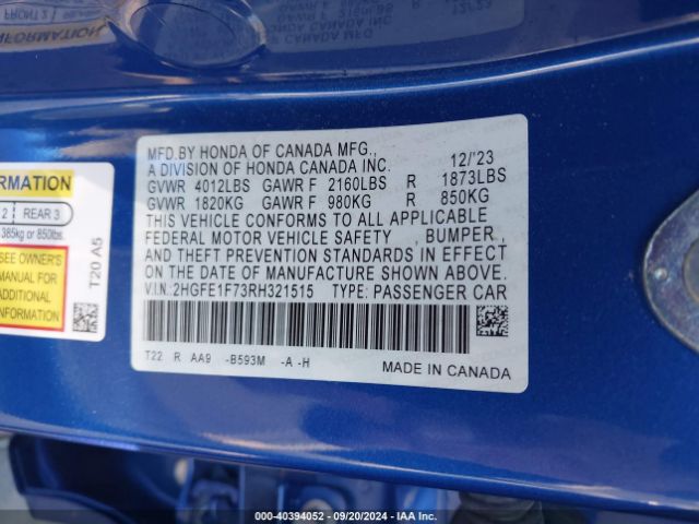 Photo 8 VIN: 2HGFE1F73RH321515 - HONDA CIVIC 