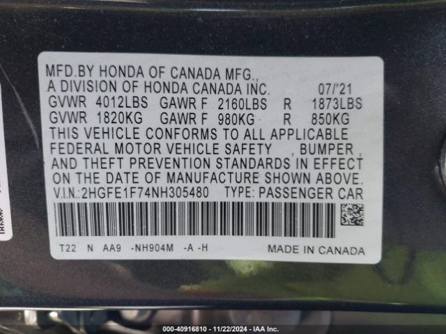 Photo 8 VIN: 2HGFE1F74NH305480 - HONDA CIVIC EX 