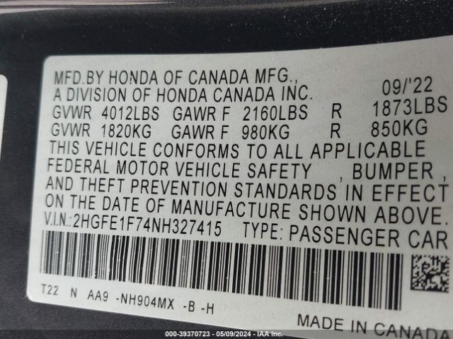 Photo 8 VIN: 2HGFE1F74NH327415 - HONDA CIVIC 