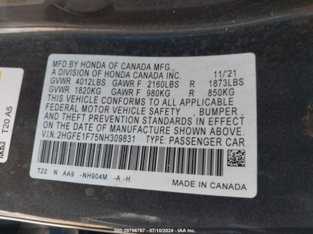 Photo 8 VIN: 2HGFE1F75NH309831 - HONDA CIVIC 