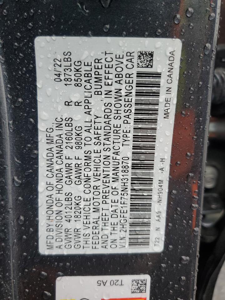 Photo 11 VIN: 2HGFE1F75NH318870 - HONDA CIVIC 