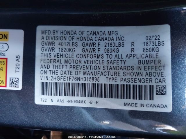 Photo 8 VIN: 2HGFE1F76NH315895 - HONDA CIVIC 