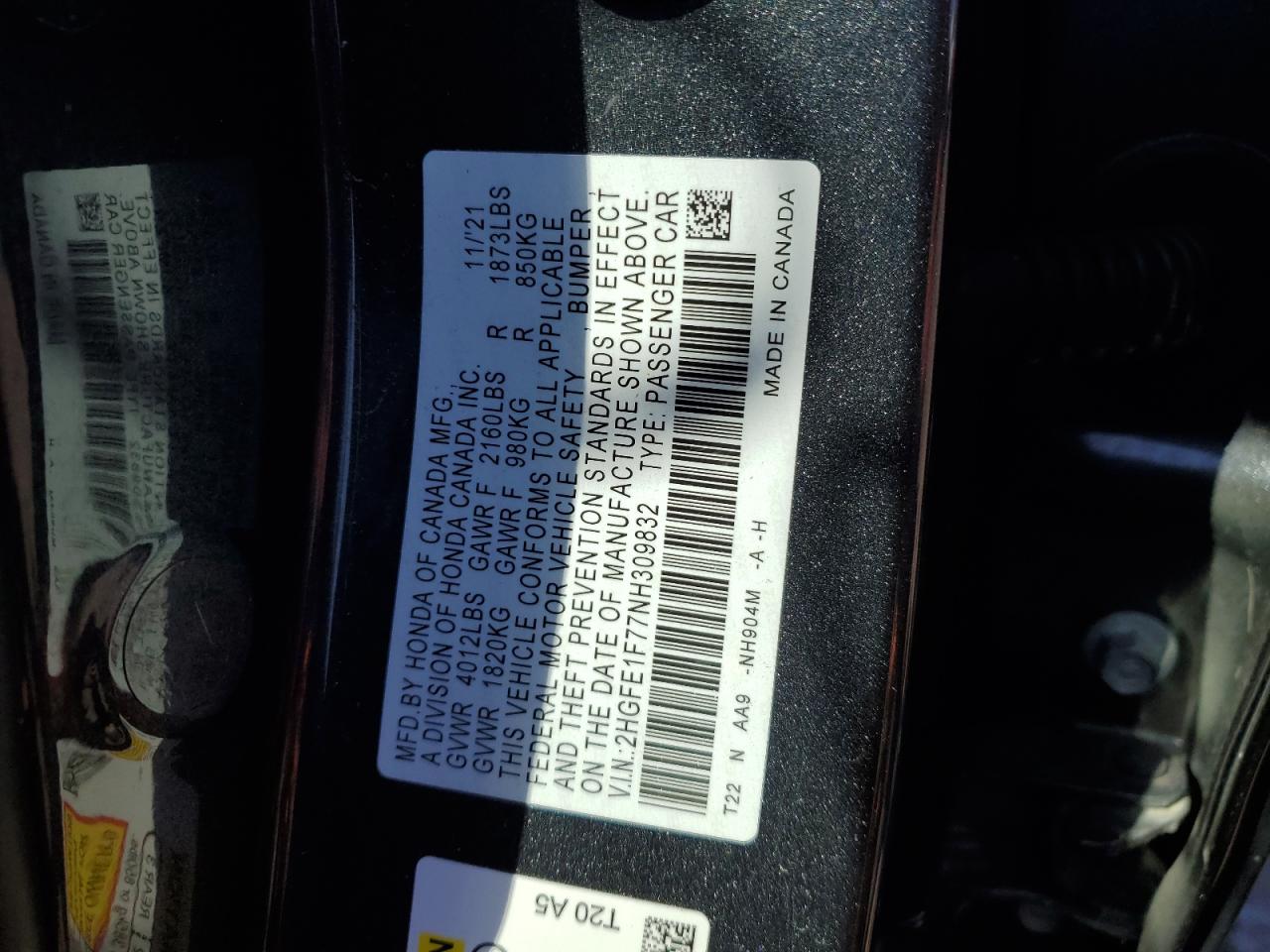 Photo 12 VIN: 2HGFE1F77NH309832 - HONDA CIVIC 