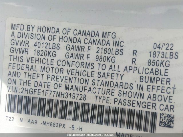 Photo 8 VIN: 2HGFE1F77NH319728 - HONDA CIVIC 