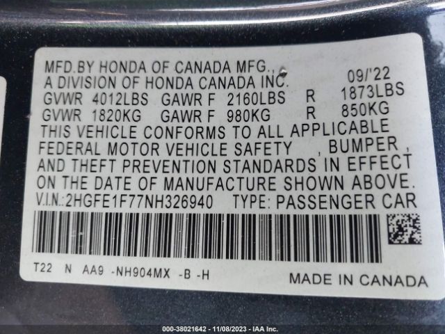 Photo 8 VIN: 2HGFE1F77NH326940 - HONDA CIVIC 