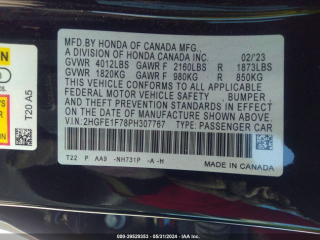 Photo 8 VIN: 2HGFE1F78PH307767 - HONDA CIVIC 