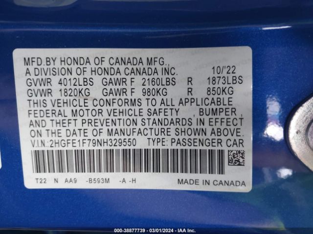 Photo 8 VIN: 2HGFE1F79NH329550 - HONDA CIVIC 