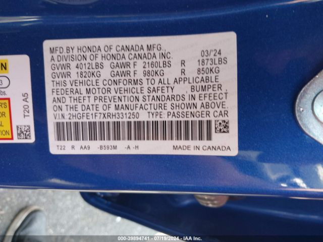 Photo 8 VIN: 2HGFE1F7XRH331250 - HONDA CIVIC 