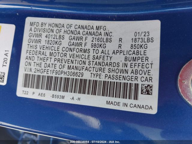 Photo 8 VIN: 2HGFE1F90PH306629 - HONDA CIVIC 