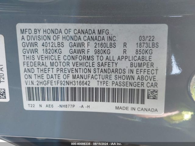 Photo 8 VIN: 2HGFE1F92NH316642 - HONDA CIVIC 