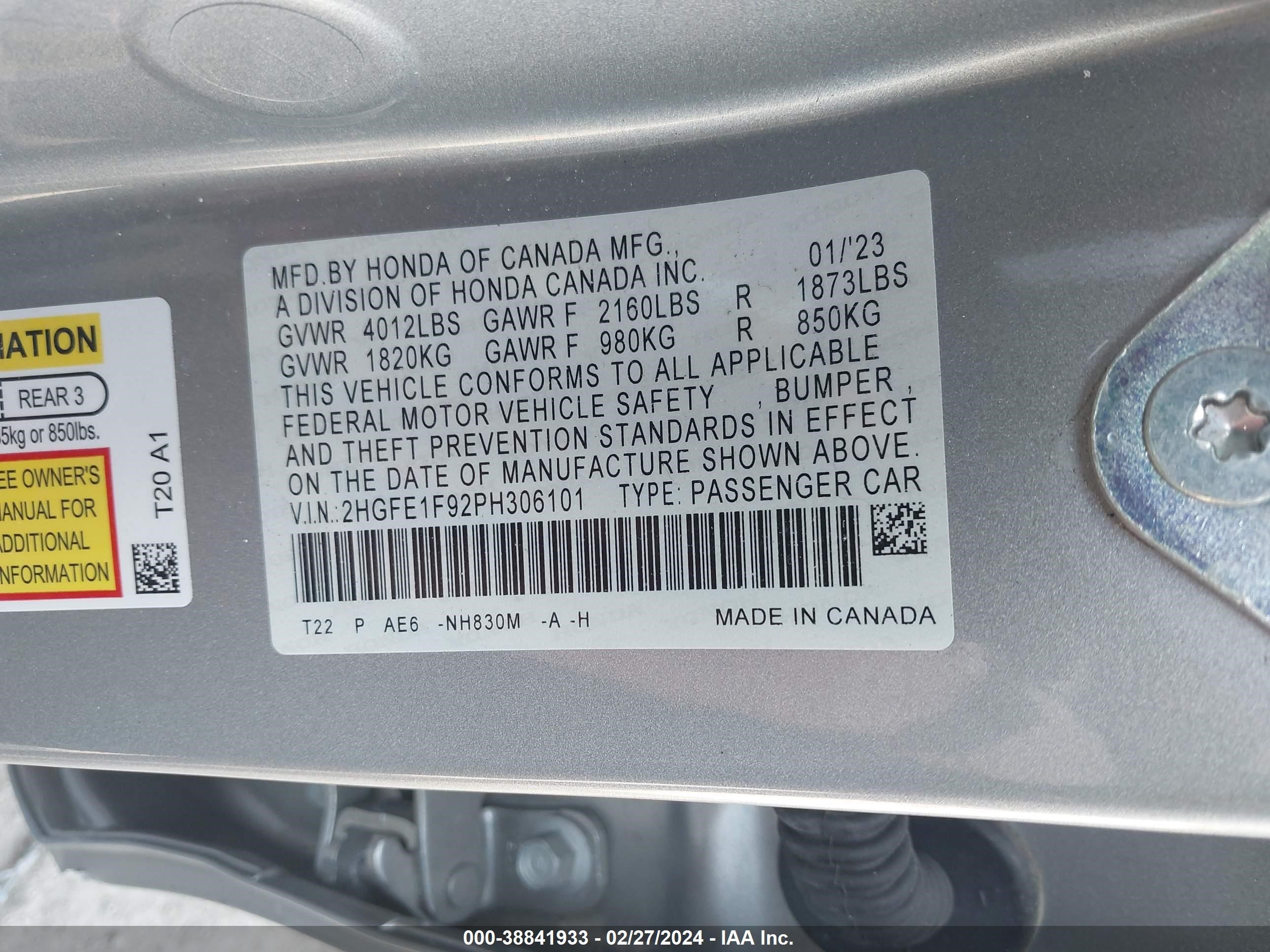 Photo 8 VIN: 2HGFE1F92PH306101 - HONDA CIVIC 