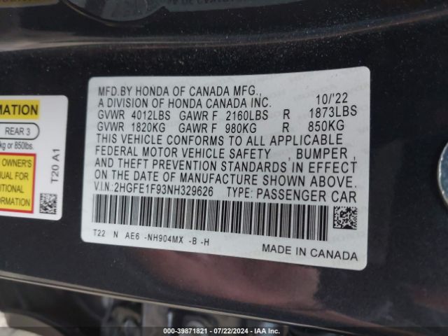 Photo 8 VIN: 2HGFE1F93NH329626 - HONDA CIVIC 