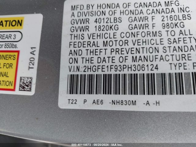 Photo 8 VIN: 2HGFE1F93PH306124 - HONDA CIVIC 