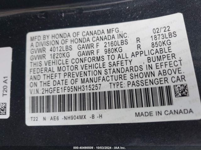 Photo 8 VIN: 2HGFE1F95NH315257 - HONDA CIVIC 