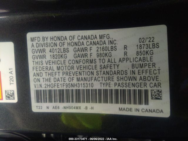 Photo 8 VIN: 2HGFE1F95NH315310 - HONDA CIVIC SEDAN 