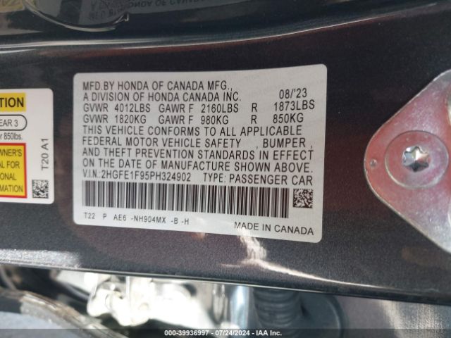 Photo 8 VIN: 2HGFE1F95PH324902 - HONDA CIVIC 