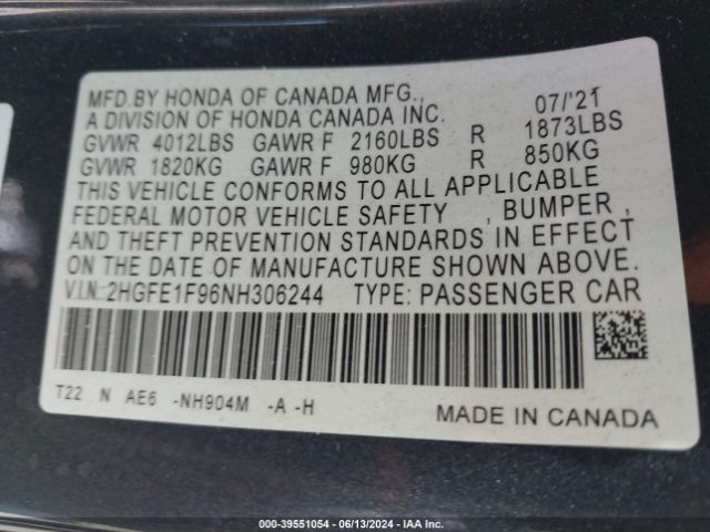 Photo 8 VIN: 2HGFE1F96NH306244 - HONDA CIVIC 