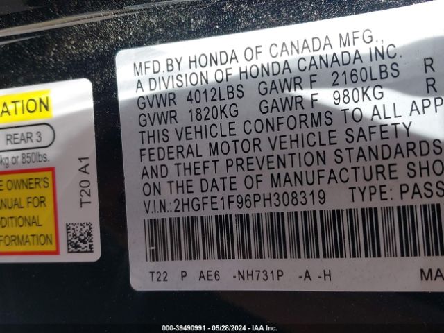 Photo 8 VIN: 2HGFE1F96PH308319 - HONDA CIVIC 