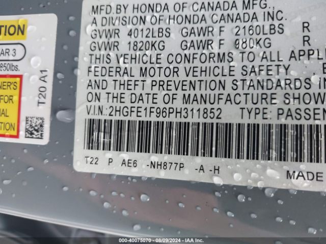 Photo 8 VIN: 2HGFE1F96PH311852 - HONDA CIVIC 