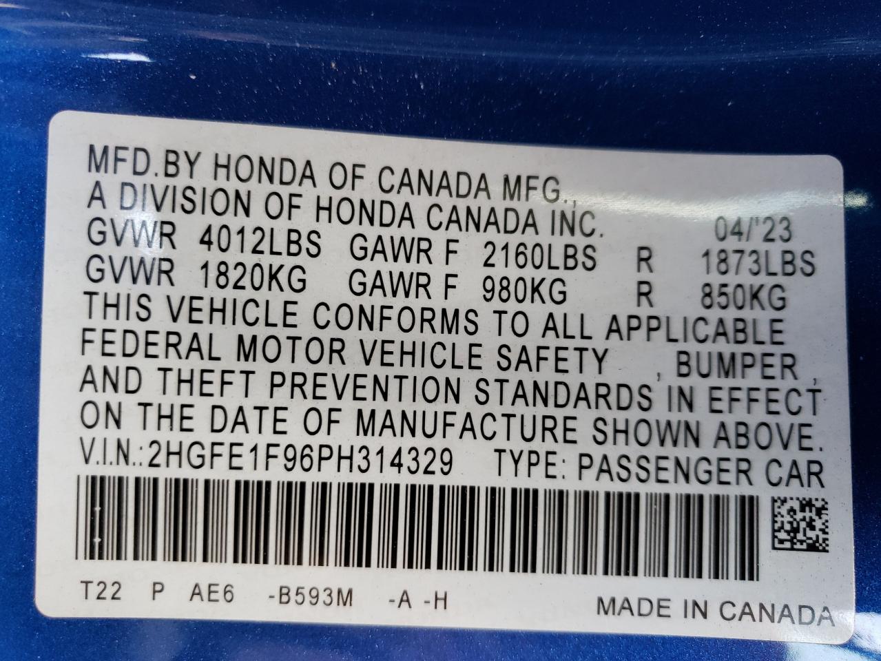 Photo 11 VIN: 2HGFE1F96PH314329 - HONDA CIVIC 