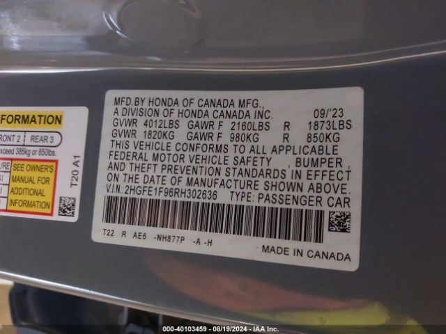 Photo 8 VIN: 2HGFE1F96RH302636 - HONDA CIVIC 