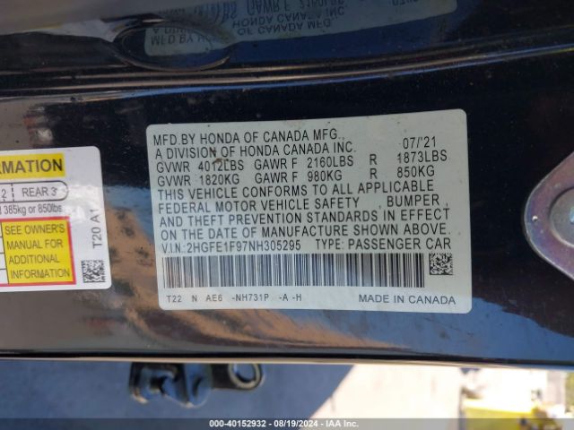 Photo 8 VIN: 2HGFE1F97NH305295 - HONDA CIVIC 