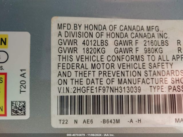 Photo 8 VIN: 2HGFE1F97NH313039 - HONDA CIVIC 