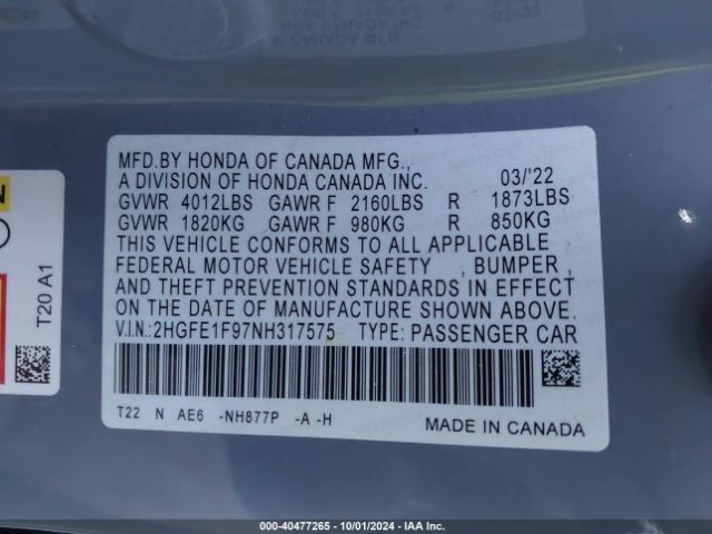 Photo 8 VIN: 2HGFE1F97NH317575 - HONDA CIVIC 