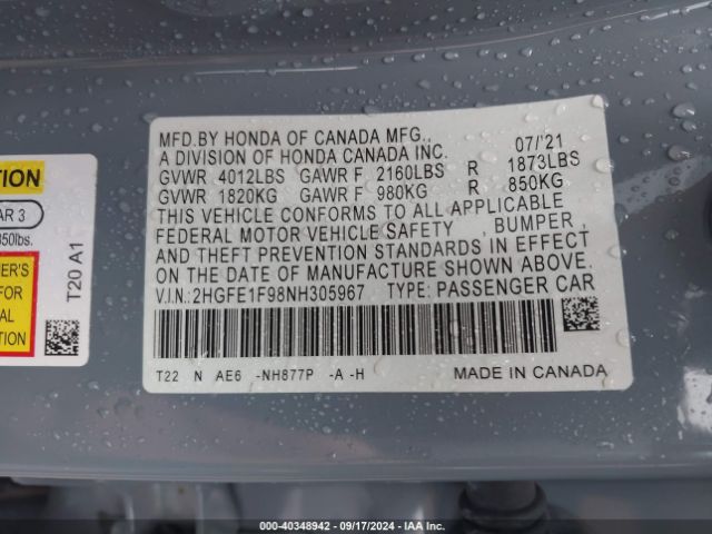 Photo 8 VIN: 2HGFE1F98NH305967 - HONDA CIVIC 