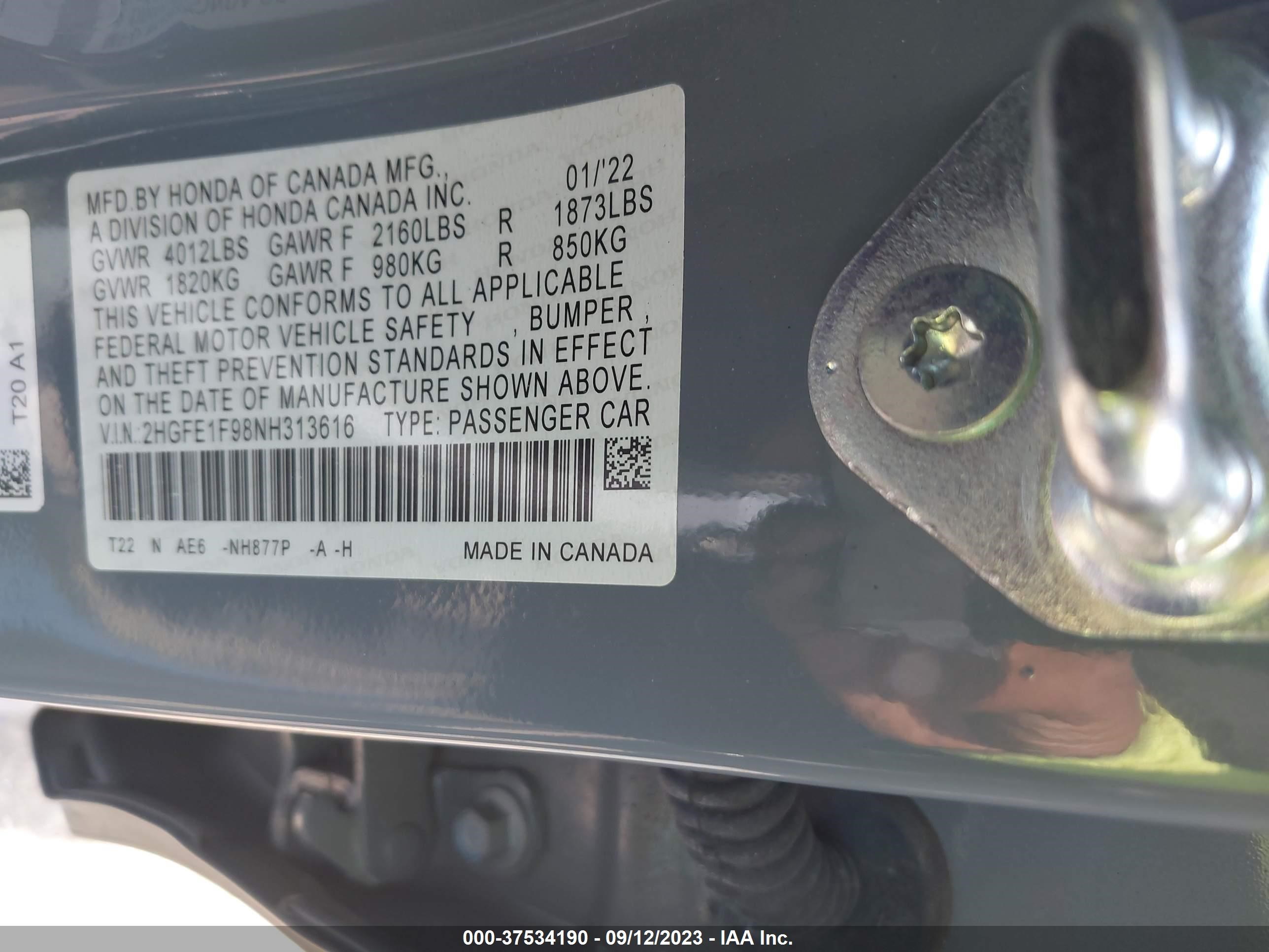 Photo 8 VIN: 2HGFE1F98NH313616 - HONDA CIVIC 