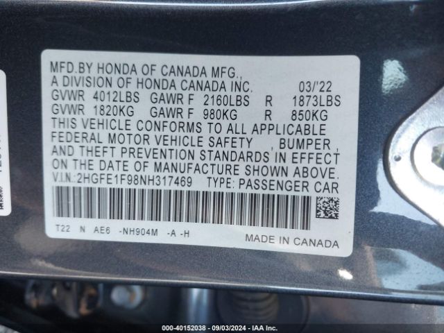 Photo 8 VIN: 2HGFE1F98NH317469 - HONDA CIVIC 