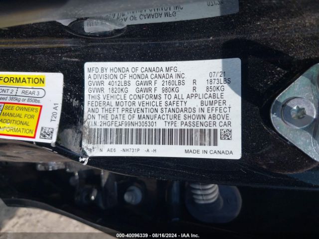 Photo 8 VIN: 2HGFE1F99NH305301 - HONDA CIVIC 