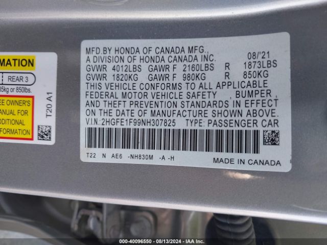 Photo 8 VIN: 2HGFE1F99NH307825 - HONDA CIVIC 