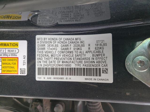 Photo 9 VIN: 2HGFE2F20NH518680 - HONDA CIVIC LX 