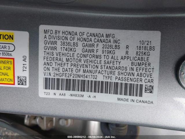 Photo 8 VIN: 2HGFE2F20NH541702 - HONDA CIVIC 