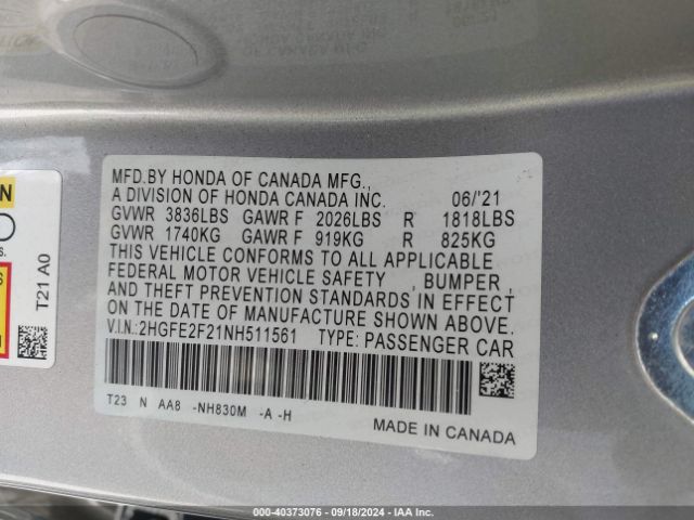 Photo 8 VIN: 2HGFE2F21NH511561 - HONDA CIVIC 