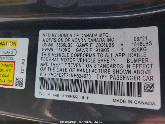 Photo 8 VIN: 2HGFE2F21NH524973 - HONDA CIVIC 