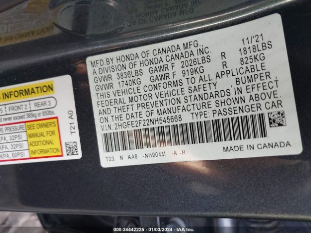 Photo 8 VIN: 2HGFE2F22NH545668 - HONDA CIVIC 