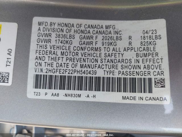 Photo 8 VIN: 2HGFE2F22PH540439 - HONDA CIVIC 