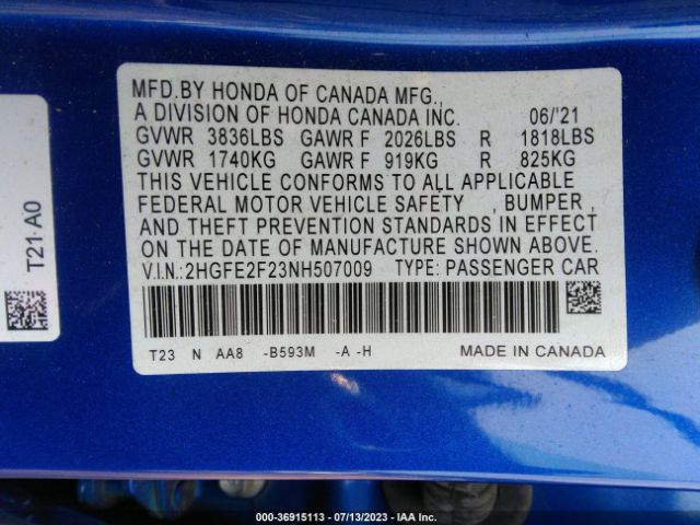 Photo 8 VIN: 2HGFE2F23NH507009 - HONDA CIVIC 