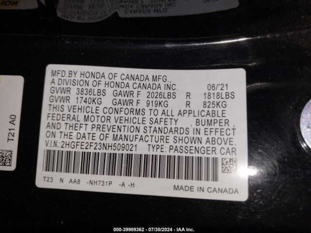 Photo 8 VIN: 2HGFE2F23NH509021 - HONDA CIVIC 