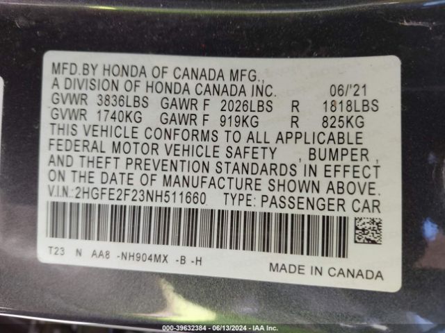 Photo 8 VIN: 2HGFE2F23NH511660 - HONDA CIVIC 