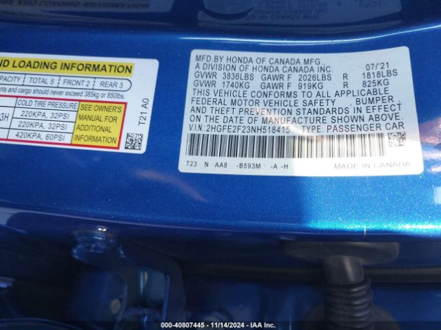 Photo 8 VIN: 2HGFE2F23NH518415 - HONDA CIVIC 