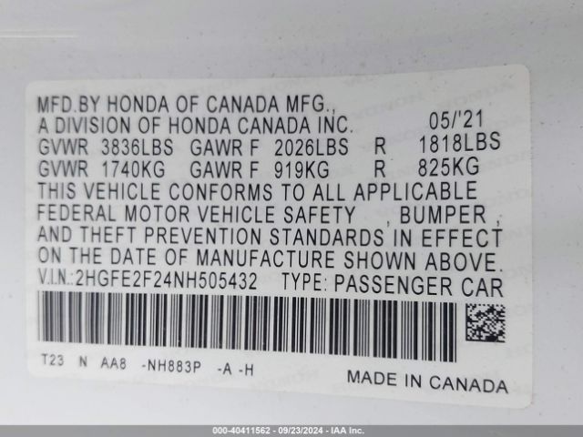 Photo 8 VIN: 2HGFE2F24NH505432 - HONDA CIVIC 