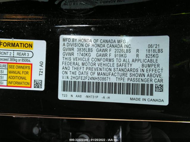 Photo 8 VIN: 2HGFE2F24NH508671 - HONDA CIVIC SEDAN 