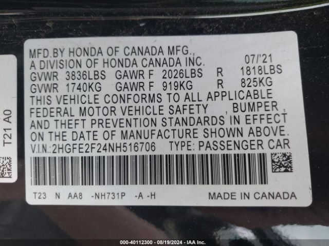 Photo 8 VIN: 2HGFE2F24NH516706 - HONDA CIVIC 