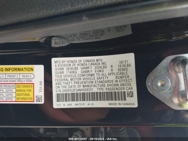 Photo 8 VIN: 2HGFE2F24NH526331 - HONDA CIVIC 