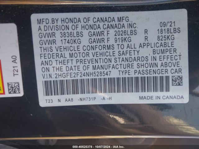 Photo 8 VIN: 2HGFE2F24NH528547 - HONDA CIVIC 