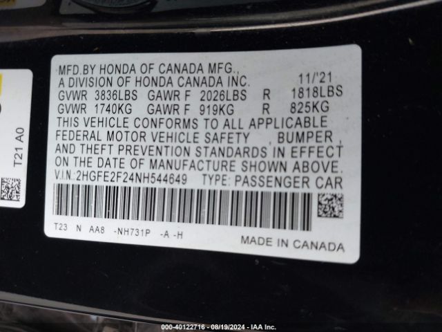 Photo 8 VIN: 2HGFE2F24NH544649 - HONDA CIVIC 