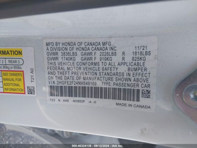 Photo 8 VIN: 2HGFE2F24NH549169 - HONDA CIVIC 